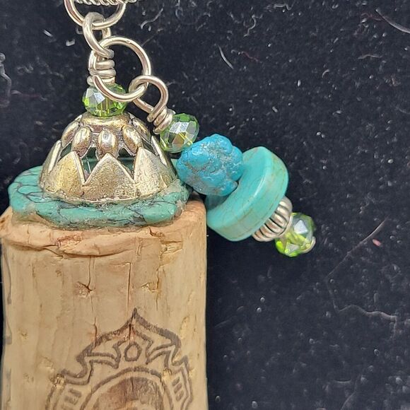 Handcrafted Wine Cork Pendant Necklace Boho Tribal Style Turquoise Beads 30" - Picture 6 of 7